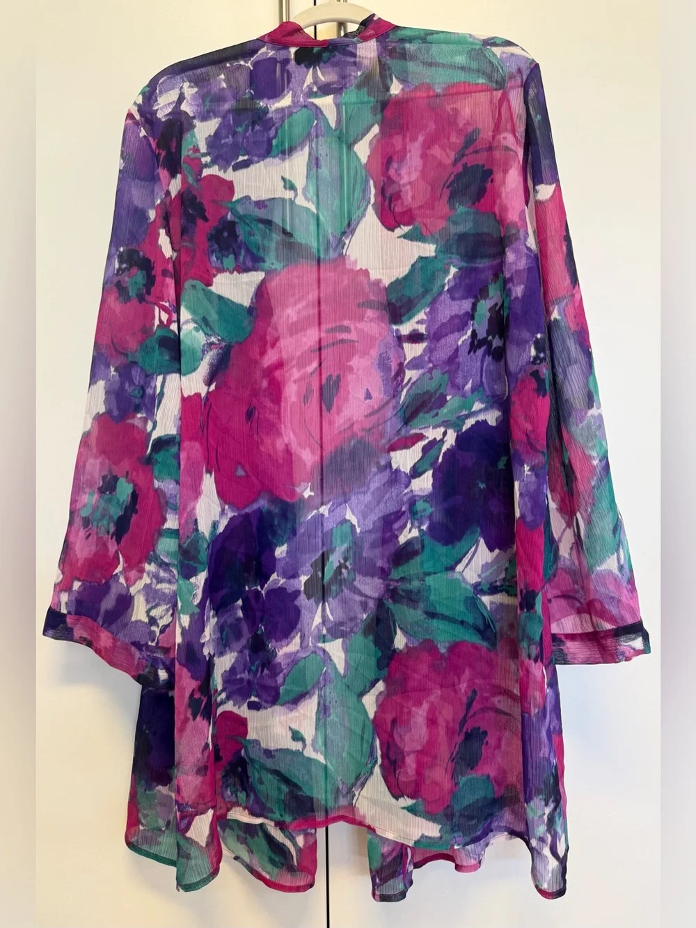 Susan Graver Sheer Floral Kimono Duster 2X Purple/Pink/Teal. Wrinkle Resistant - Picture 2 of 6